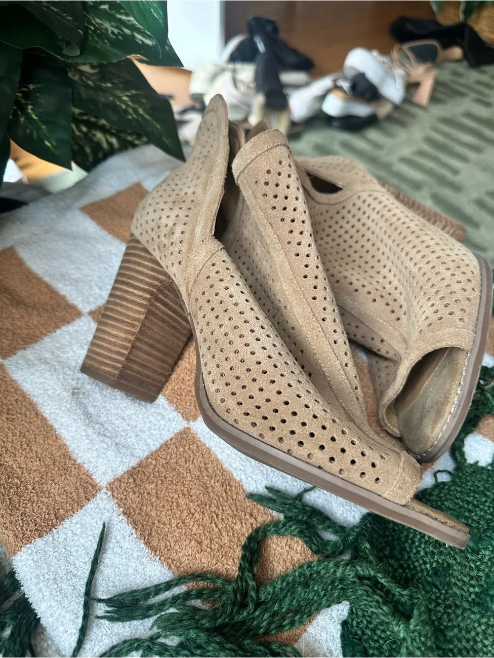 Lucky Brand Taupe Perforated Open-Toe Suede Booties